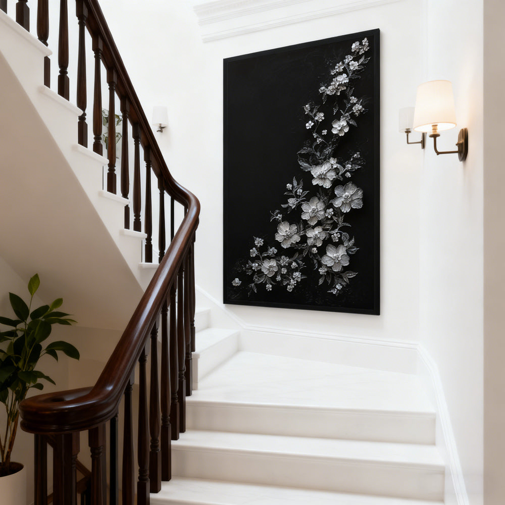 Silver Floral Cascade – Modern Minimal Relief Style Handmade Oil Painting Wall Art