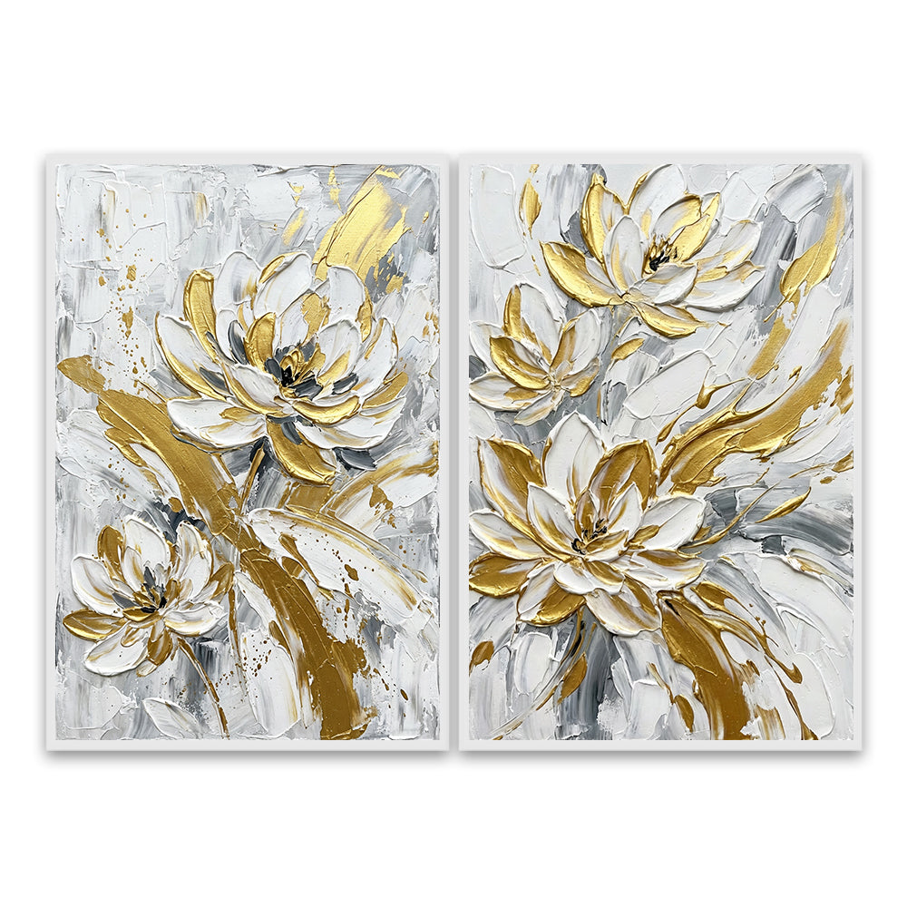 Golden Petals Symphony | Modern Abstract Floral Hand-Painted Oil Painting Wall Art (set of 2)