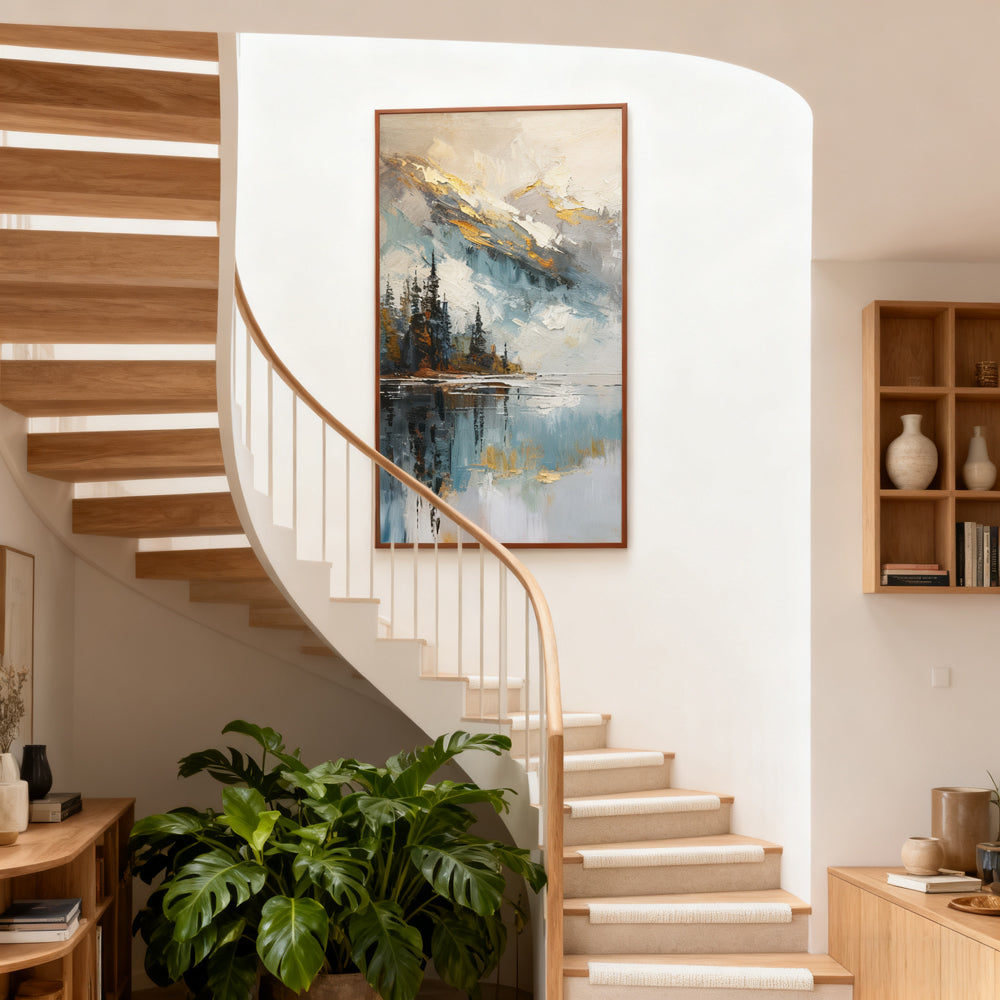 Golden Peak Lake Reflections – Impressionist Textured Hand-Painted Oil Wall Art