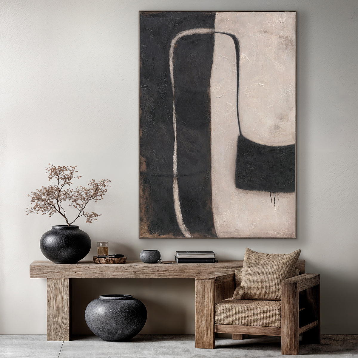 Monochrome Balance Hand-Painted Abstract Canvas Wall Art