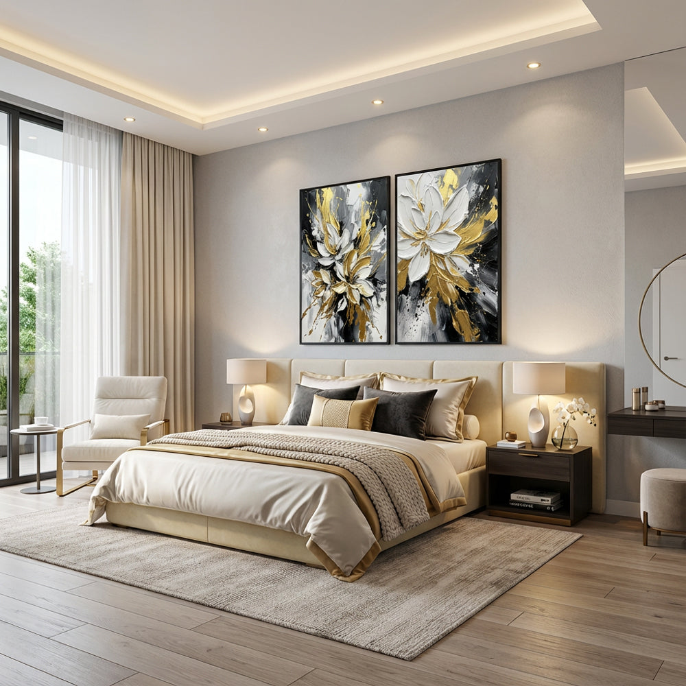 Golden Bloom Harmony | Abstract Floral Style Hand-Painted Oil Painting Wall Art (set of 2)