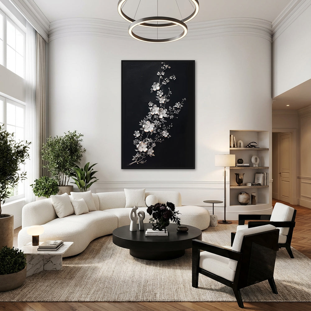 Silver Blossom Elegance – Modern Minimal Relief Style Handmade Oil Painting Wall Art