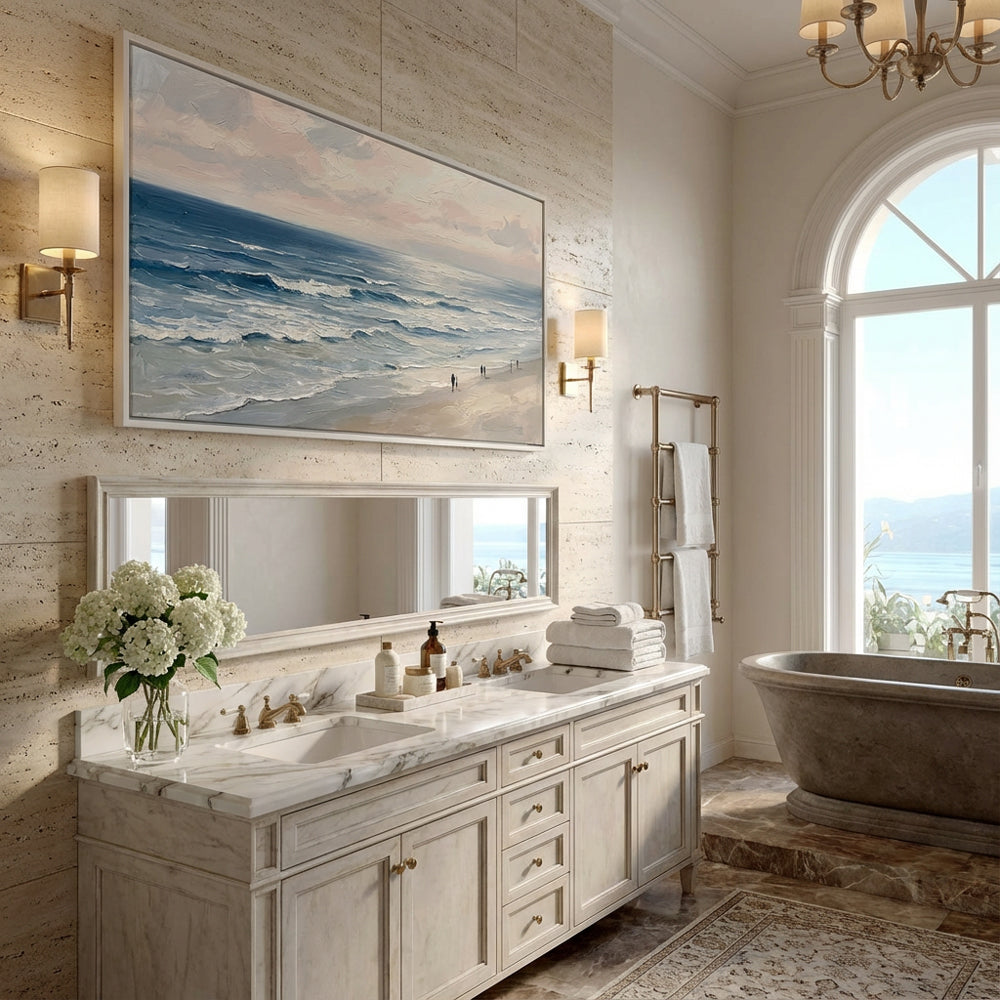 Coastal Serenity Walk | Modern Impressionist Seascape Style Hand-Painted Oil Painting Wall Art