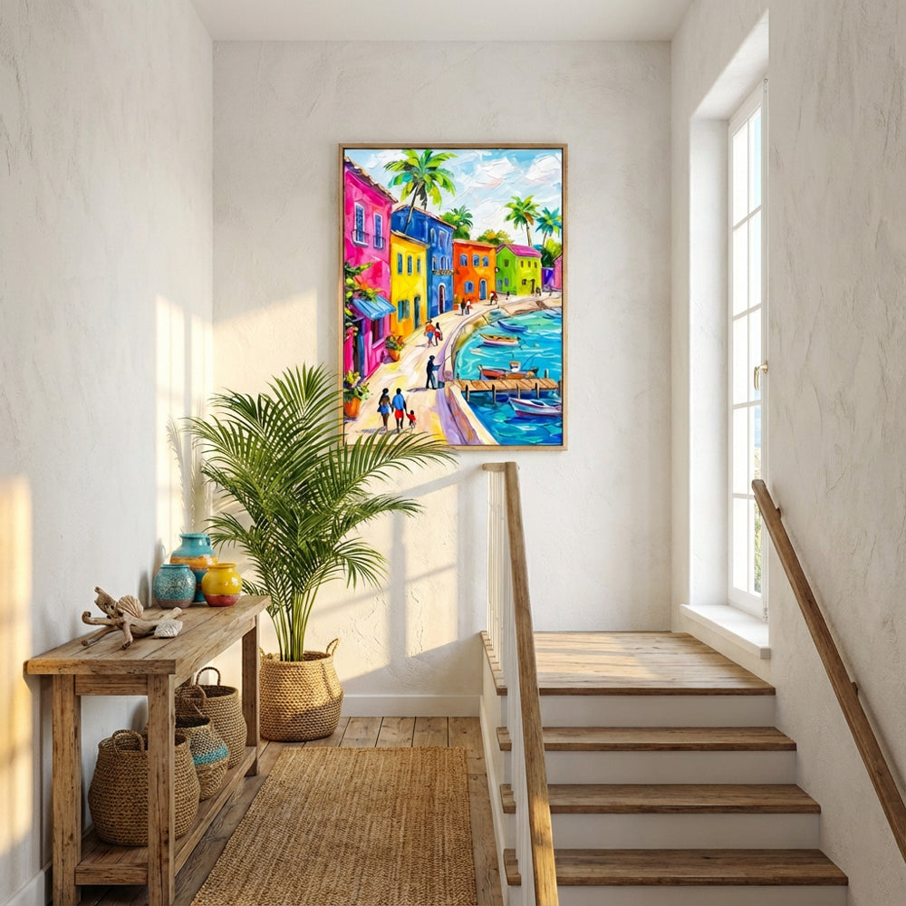 Vibrant Coastal Town Painting – Impressionist Palette Knife Style Handcrafted Painting artwall