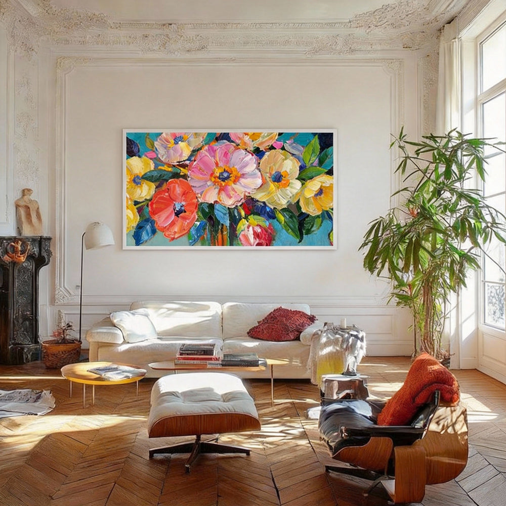 Colorful Floral Wall Art Hand-painted Texture Canvas Modern Abstract Living Room Decoration-Landscape Orientation