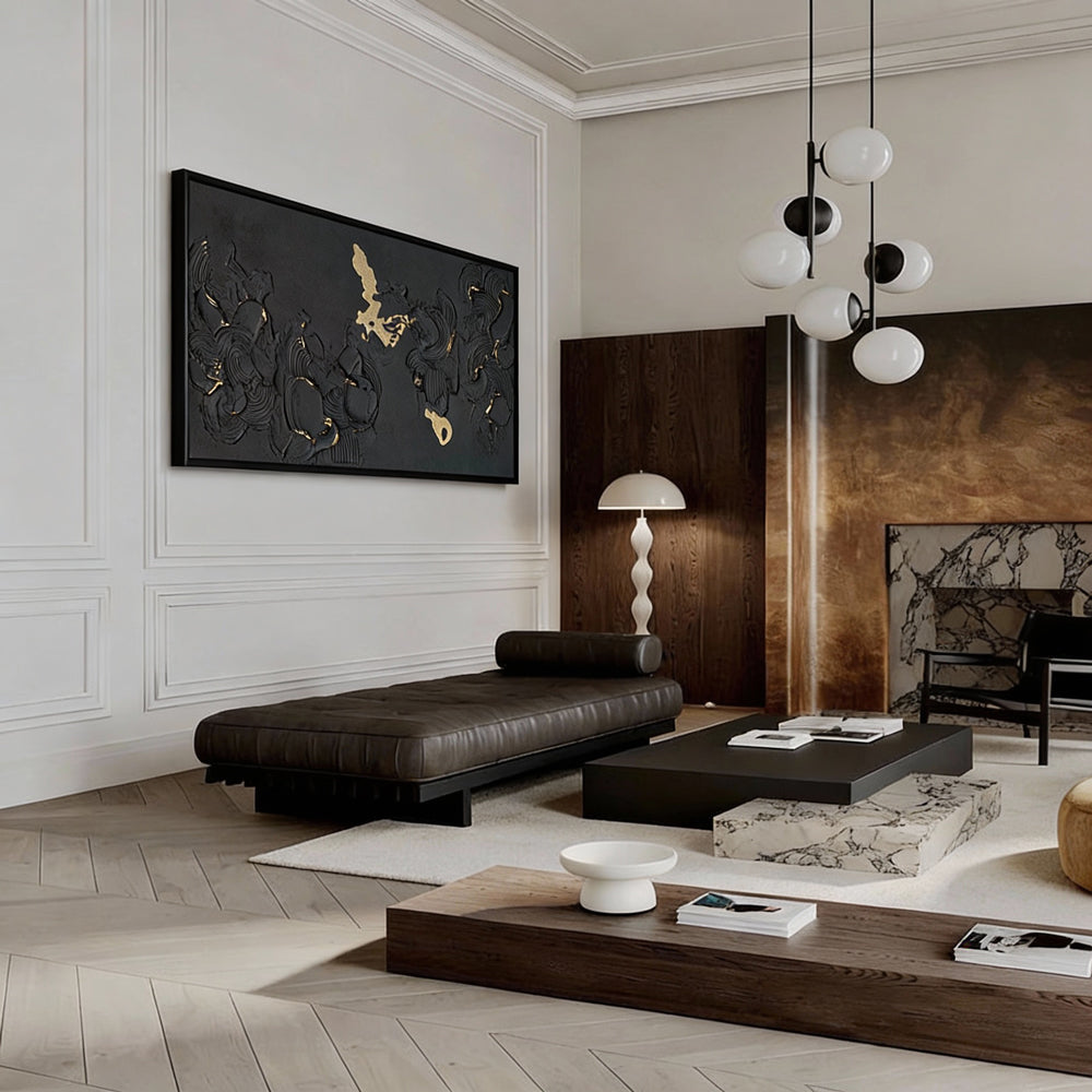 Handmade Abstract Wall Art – Black Textured Painting with Gold Accents-Landscape Orientation