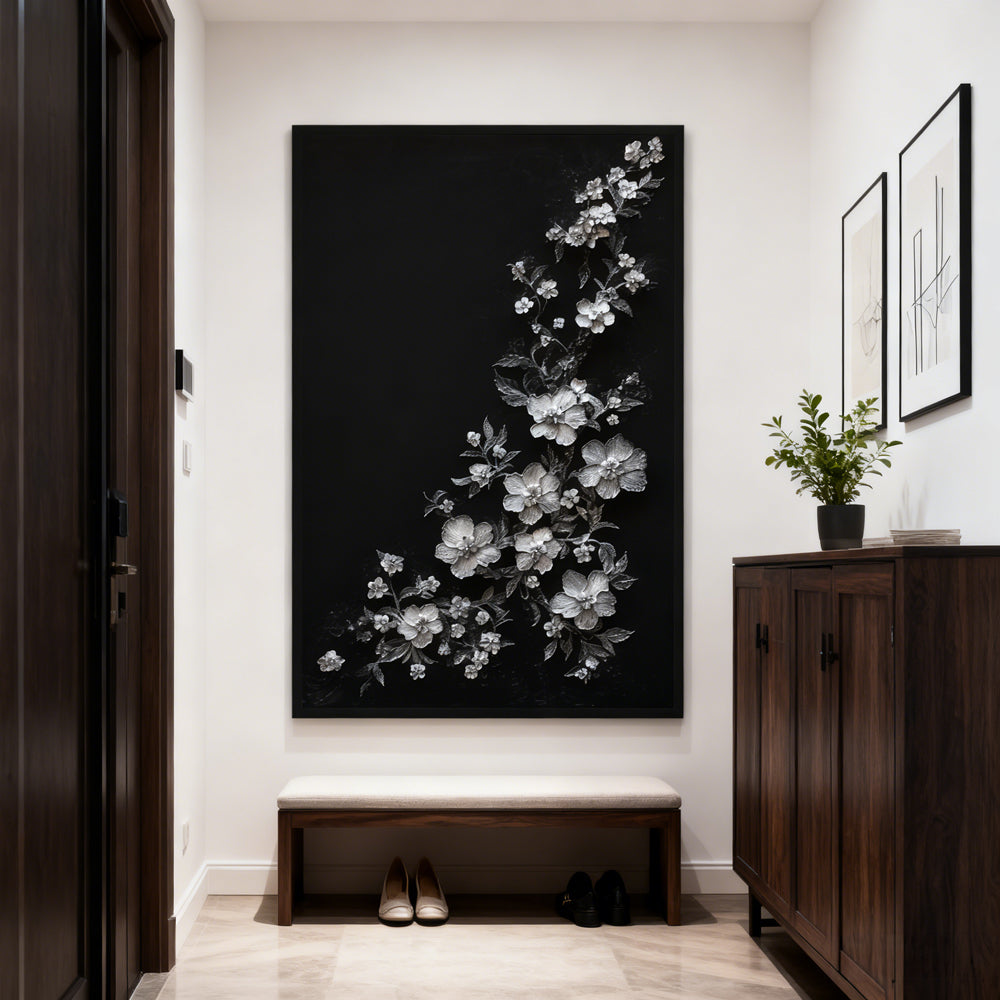 Silver Floral Cascade – Modern Minimal Relief Style Handmade Oil Painting Wall Art