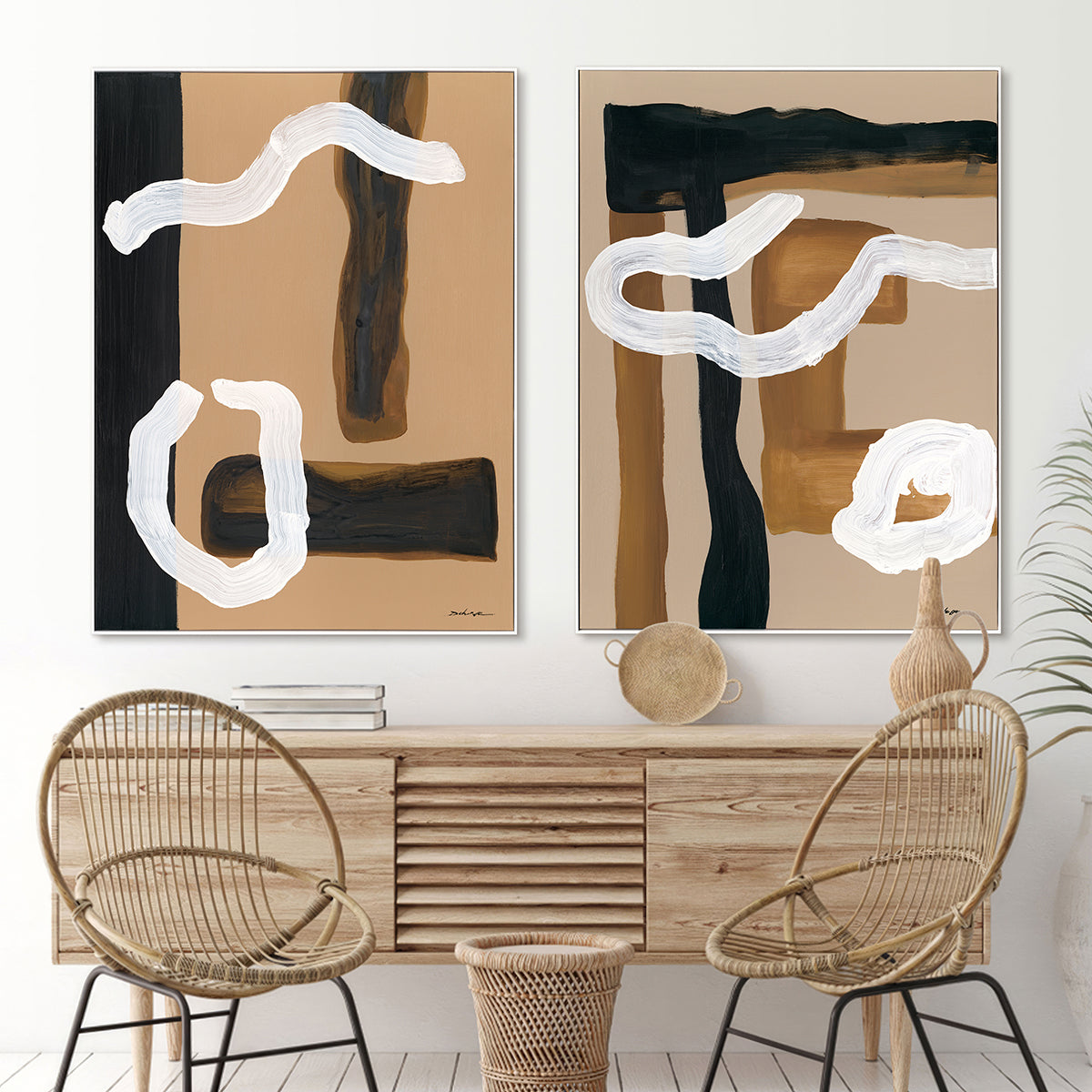Organic forms meet geometric strength, blending natural warmth with abstract sophistication.