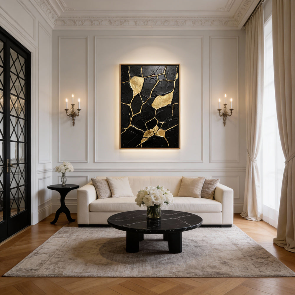 Veins of Gold Silence | Contemporary Abstract Black & Gold Hand-Painted Oil Painting Wall Art