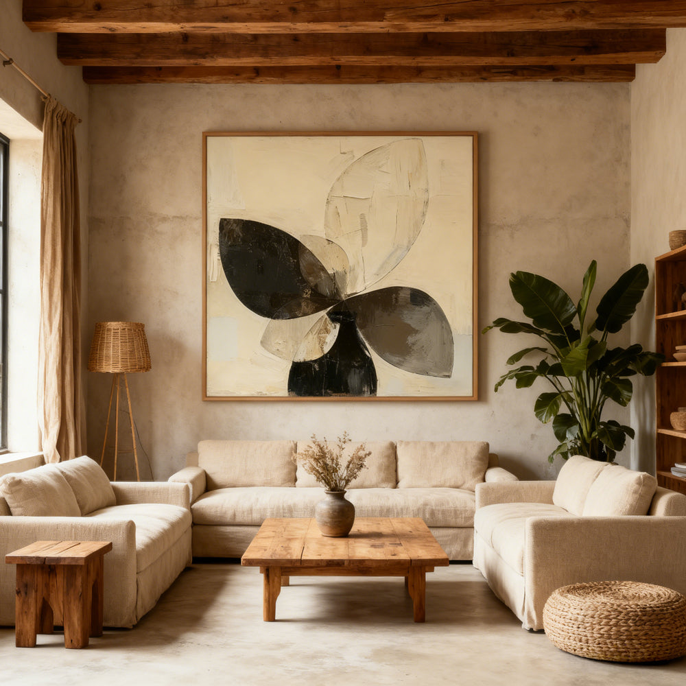 Abstract Petal Form in Vessel – Modern Minimalist Style Handmade Oil Painting Wall Art