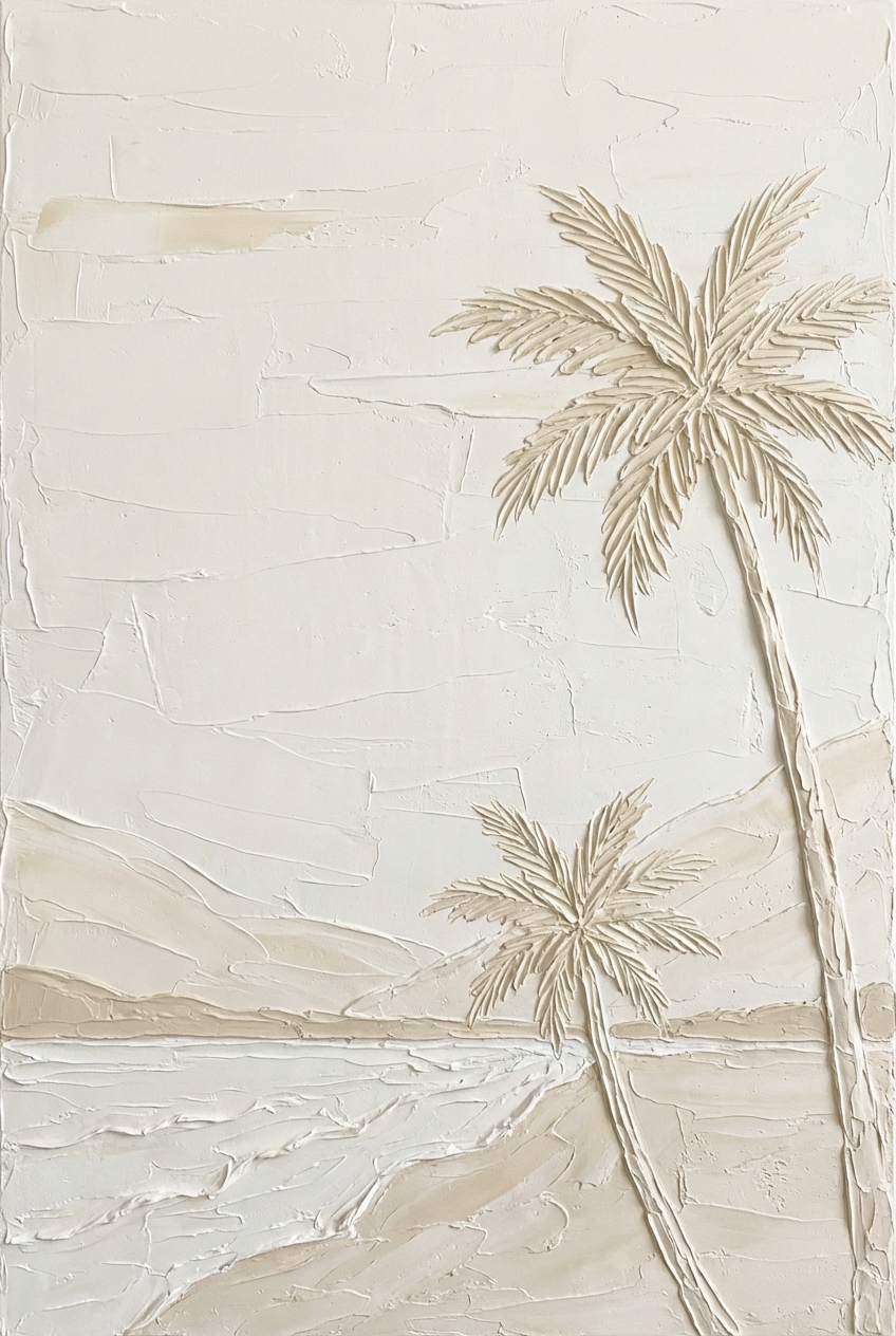 Coastal Palm Whisper | Minimal Textured Seascape Style Hand-Painted Oil Painting Wall Art