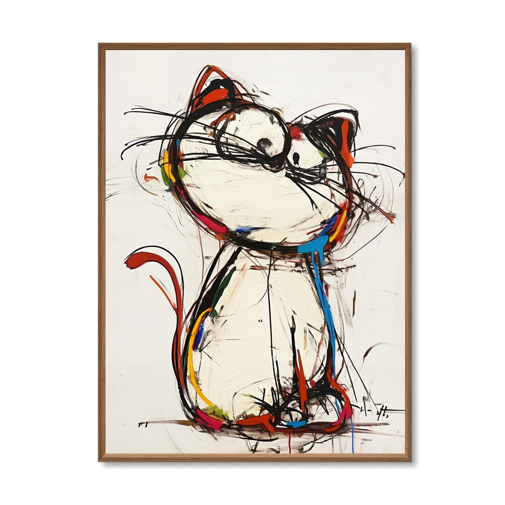Whimsical Cat – Modern Abstract Expressionist Painting in Multicolor Tones, Playful Animal Elements