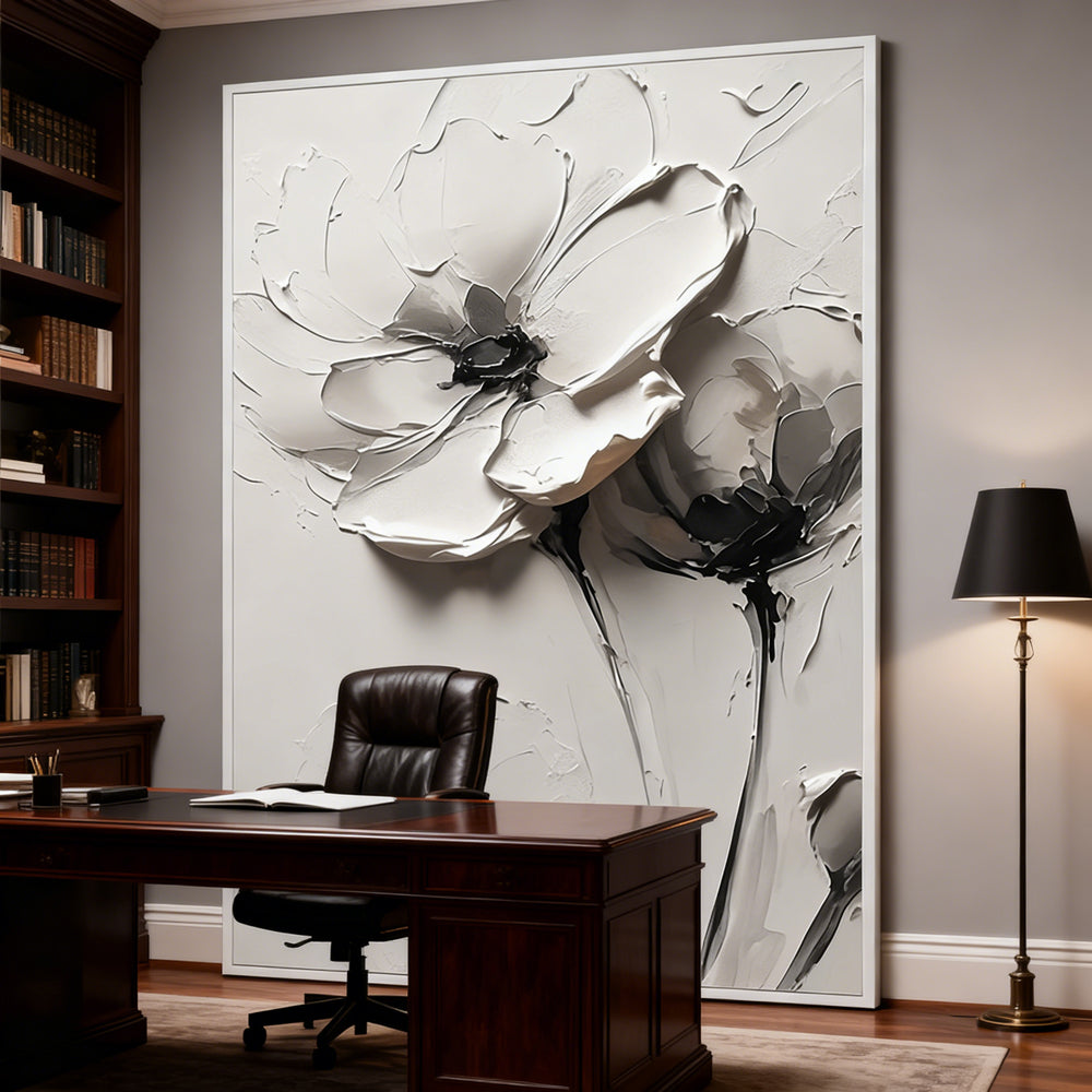 Monochrome Petal Duo Texture Art – Minimalist Impressionistic Floral Style Handmade Oil Painting Wall Art