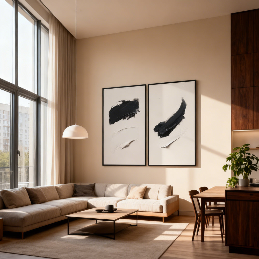 Monochrome Brushstroke Duo – Minimalist Abstract Style Handmade Oil Painting Wall Art (Set of 2)