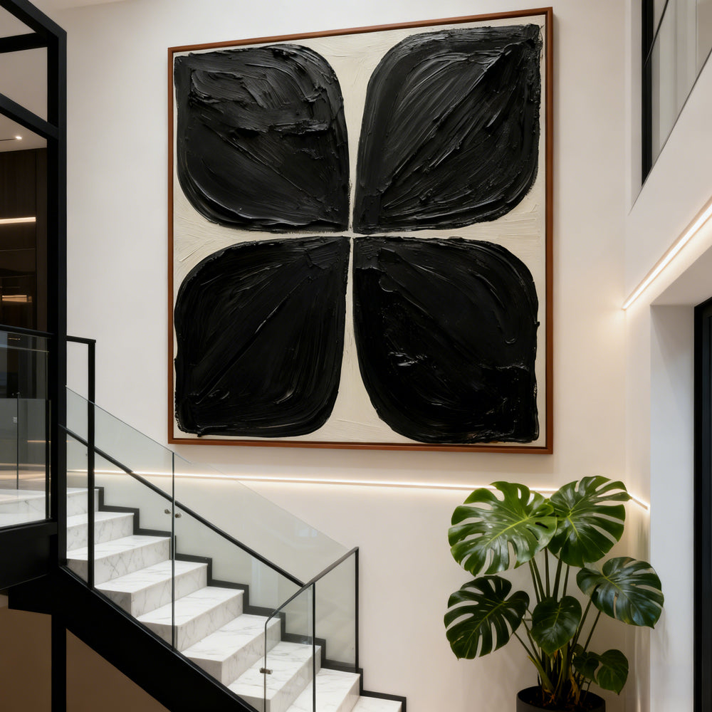 Black Quad Form Texture Art – Minimalist Abstract Style Handmade Oil Painting Wall Art