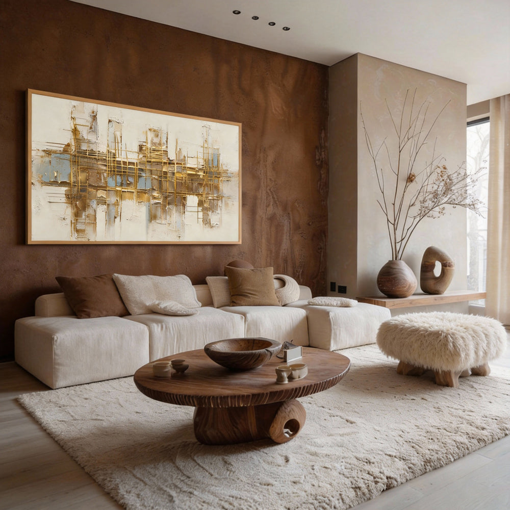 Golden Grid Structure Theme Painting – Modern Abstract Style Handmade Texture Wall Art-Landscape Orientation