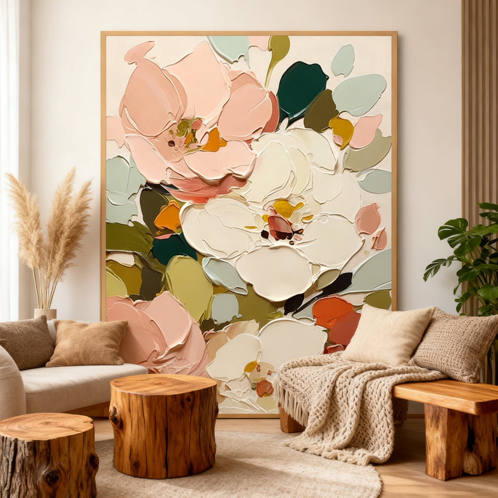Blooming Garden Harmony – Modern Floral Palette Knife Artwork, Handmade Oil Painting Wall Art