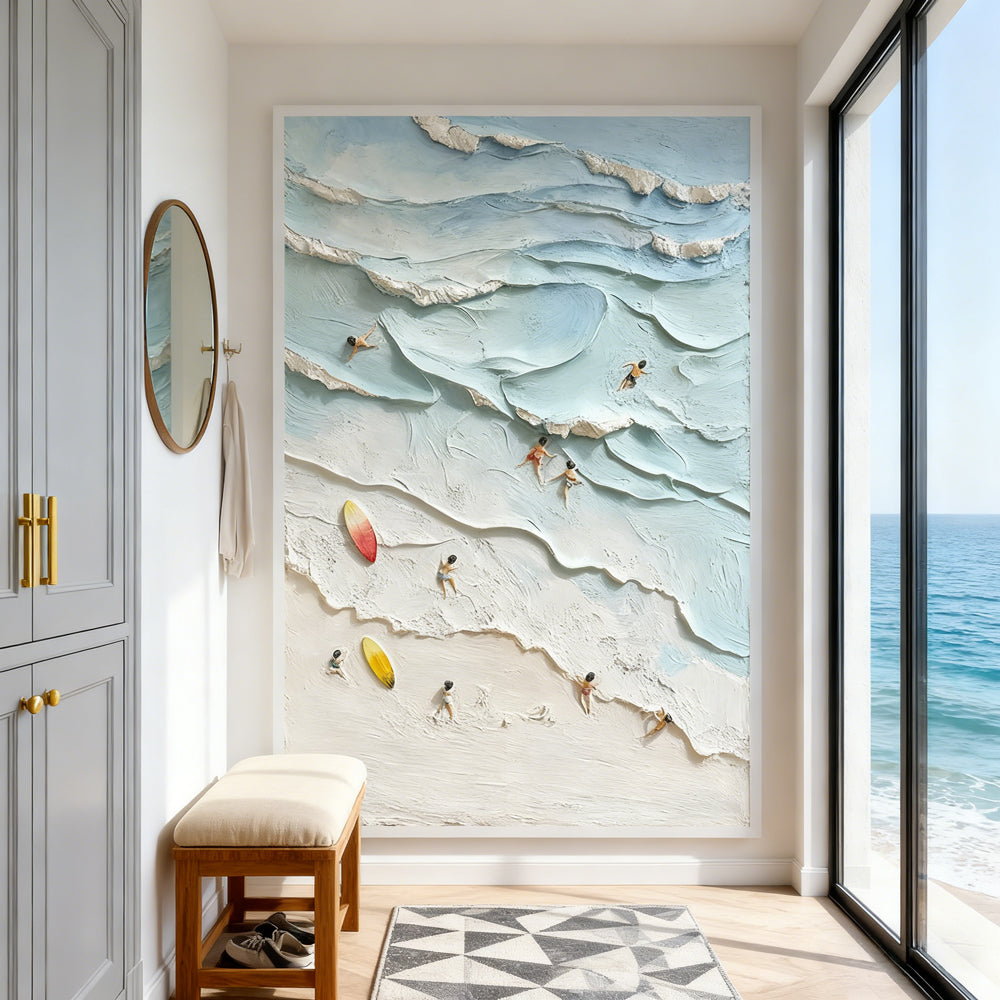 Beach Leisure Panorama – Modern Relief Style Handmade Oil Painting Wall Art