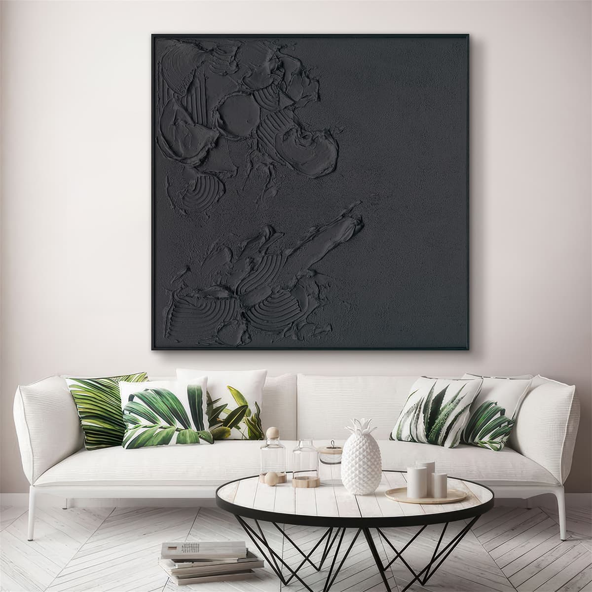 فن جداري تجريدي يدوي الصنع – لوحة حديثة ذات ملمس أسود وأبيض