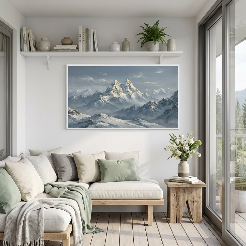 Majesty of the Snow Peaks – Realist Alpine Landscape Oil-Style Artwork Handcrafted Painting