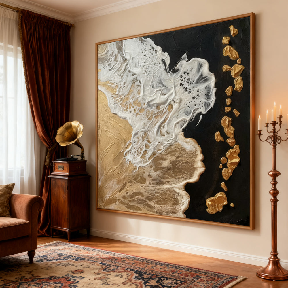 Gold, Black & White Tones – Sea Foam & Rock Elements  Handcrafted Painting