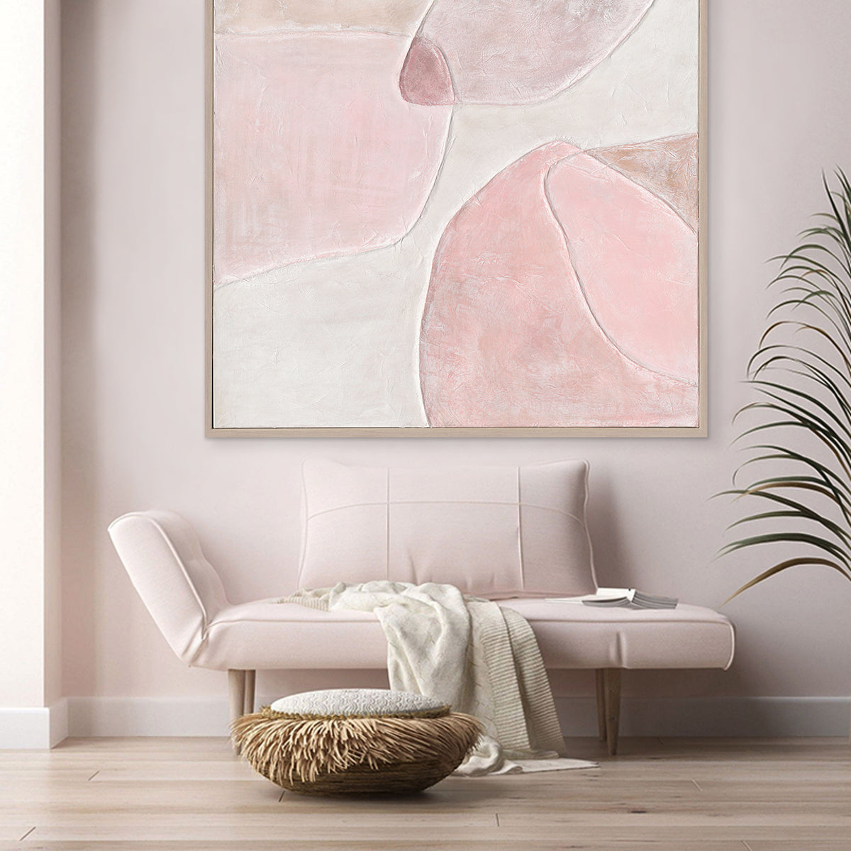 Abstract curves in gentle blush tones create harmony, romance, and timeless sophistication at home
