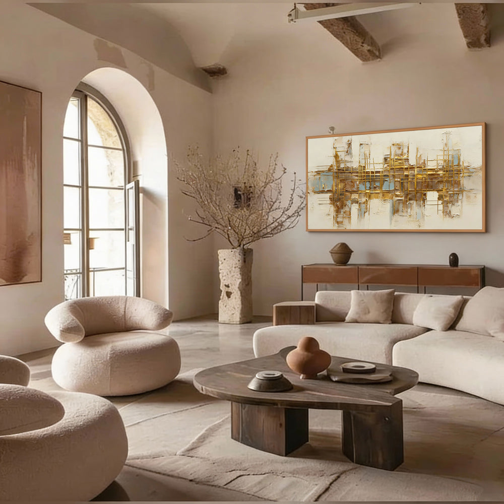 Golden Grid Structure Theme Painting – Modern Abstract Style Handmade Texture Wall Art-Landscape Orientation