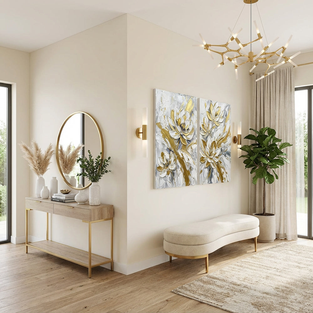 Golden Petals Symphony | Modern Abstract Floral Hand-Painted Oil Painting Wall Art (set of 2)