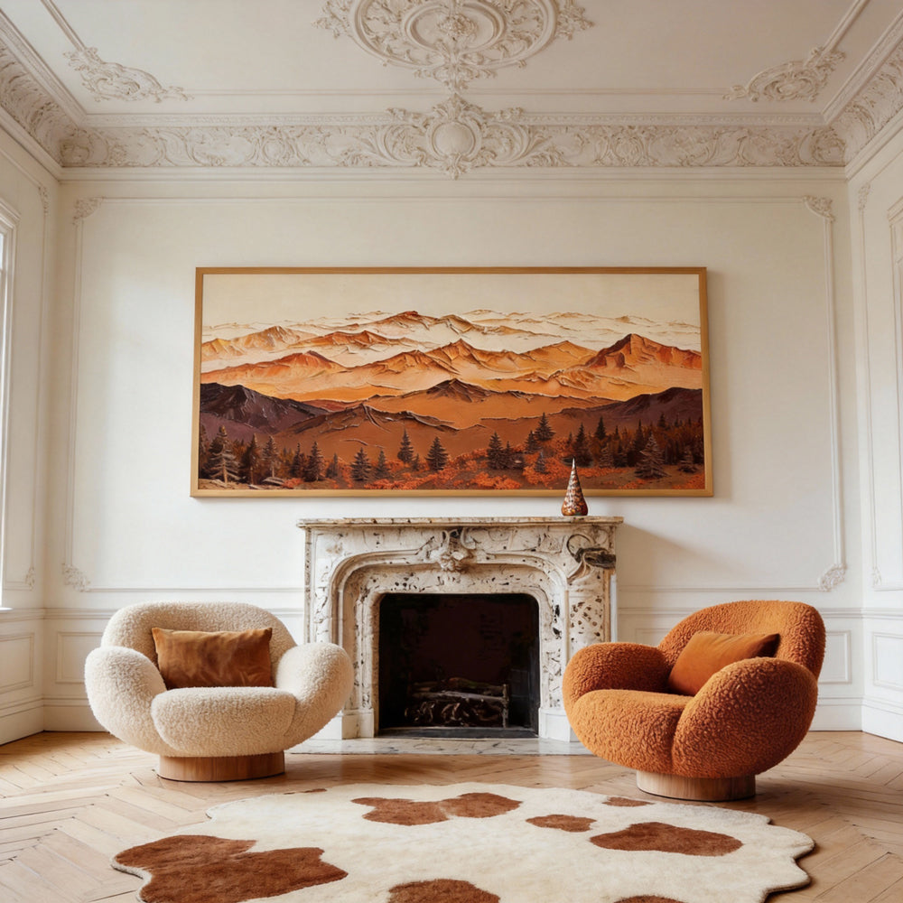 Majestic Mountain Serenity – Abstract Texture Landscape in Warm Earth Tones, Layered Peaks and Forest Elements-Landscape Orientation