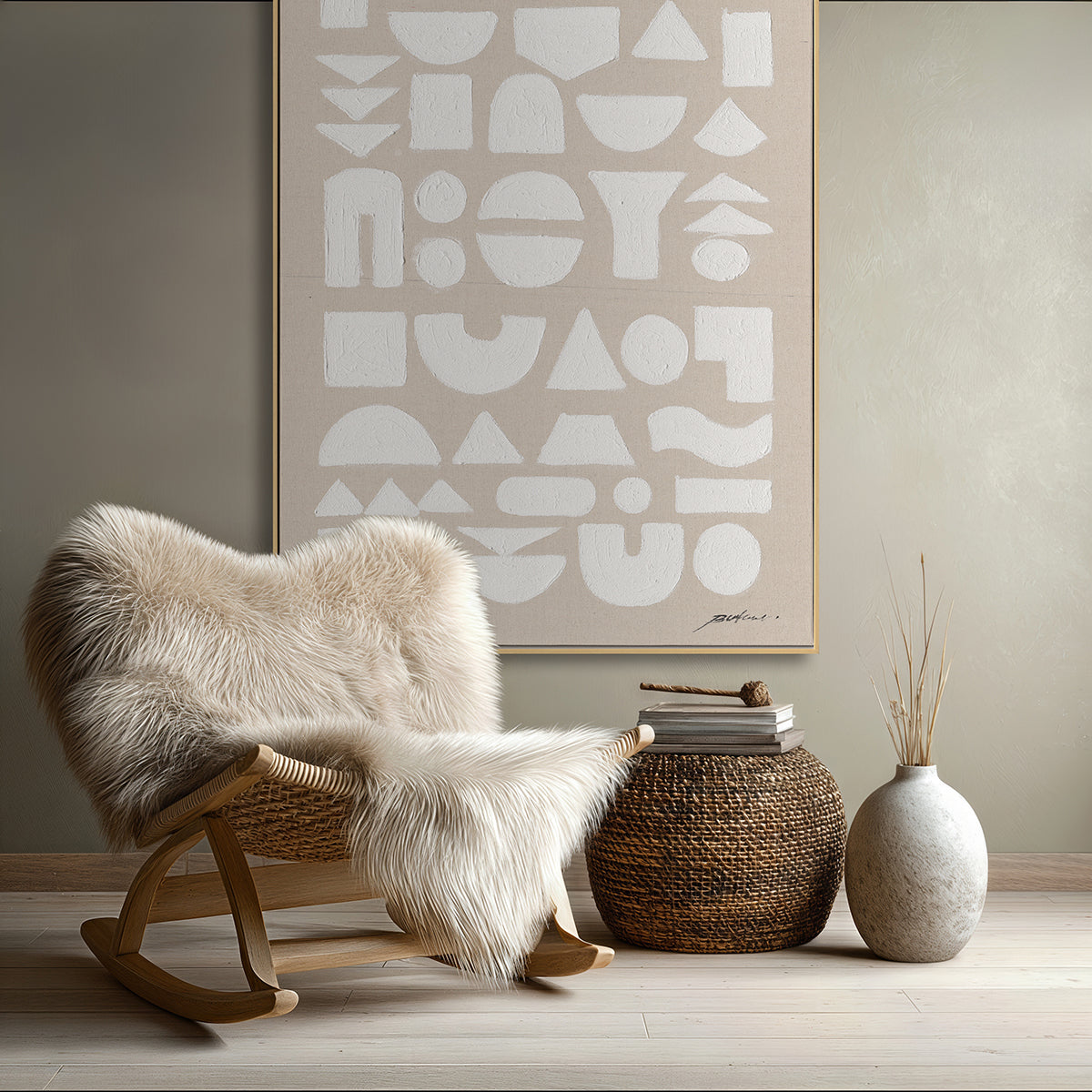 Original wabi-sabi wall art, merging geometric forms with texture, adding calm and depth to interiors