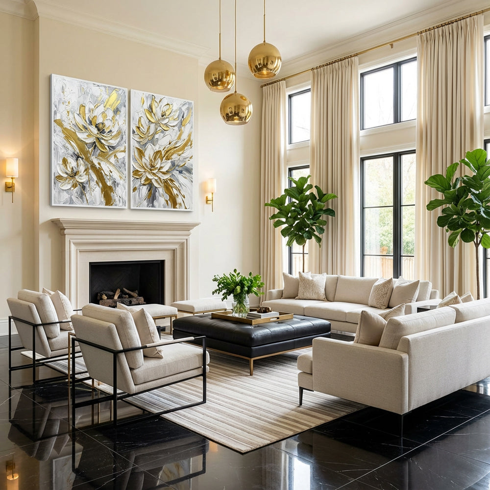 Golden Petals Symphony | Modern Abstract Floral Hand-Painted Oil Painting Wall Art (set of 2)