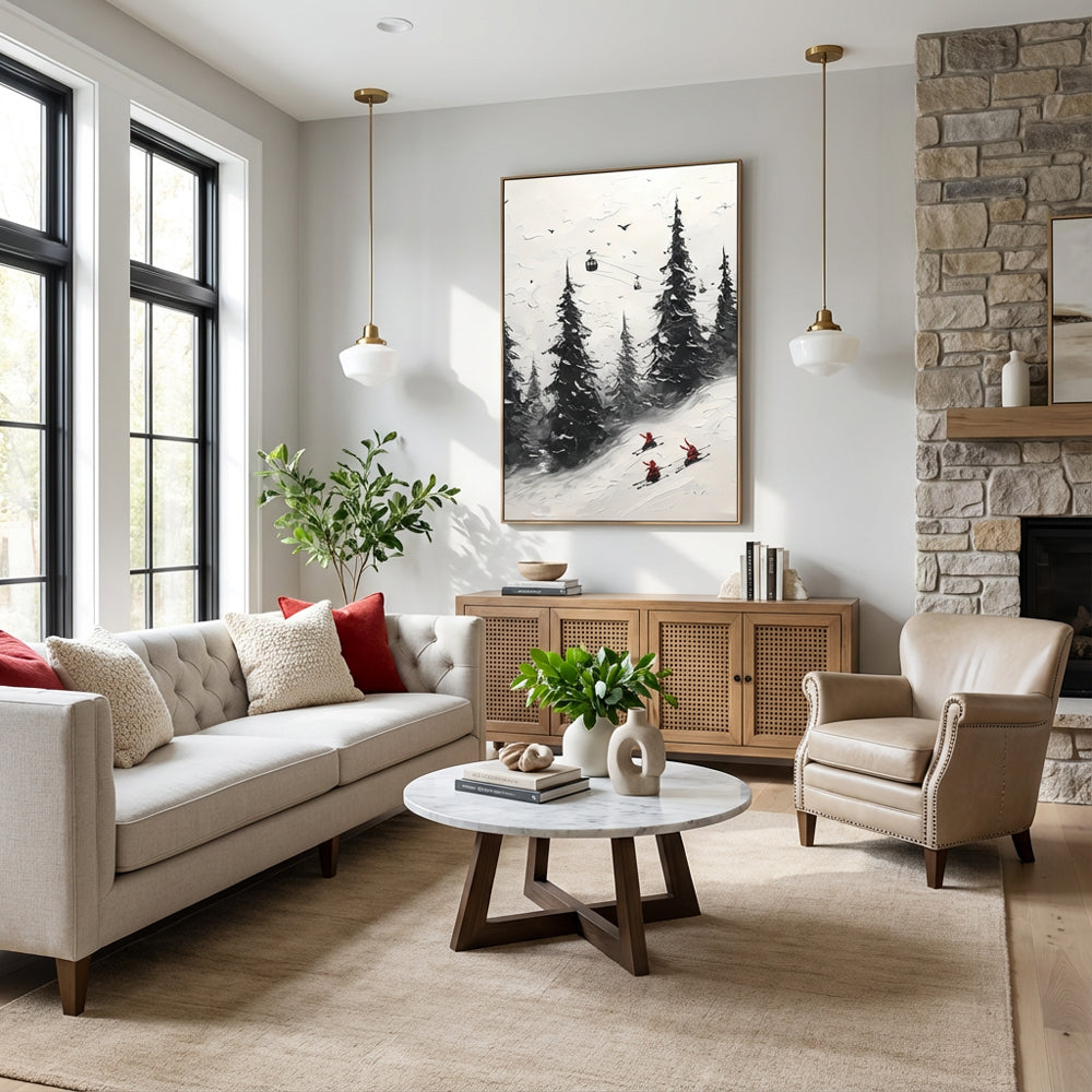 Winter Skiing Forest Theme Painting – Impressionist Style Handmade Oil Painting Wall Art