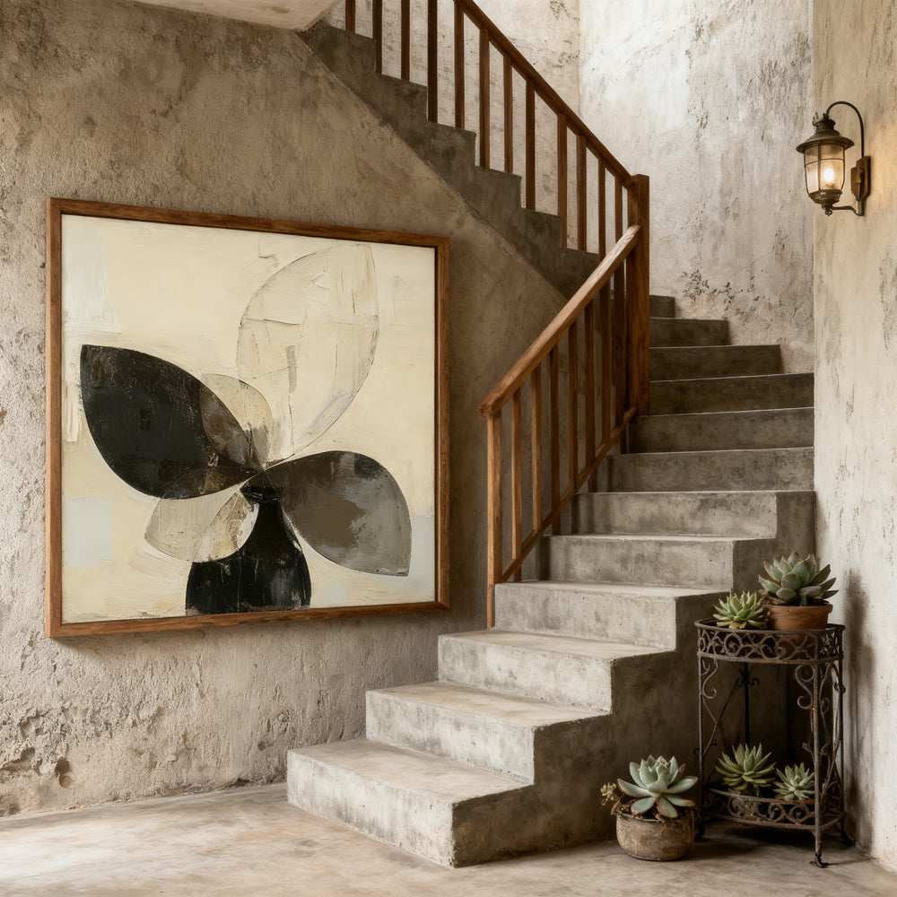 Abstract Petal Form in Vessel – Modern Minimalist Style Handmade Oil Painting Wall Art