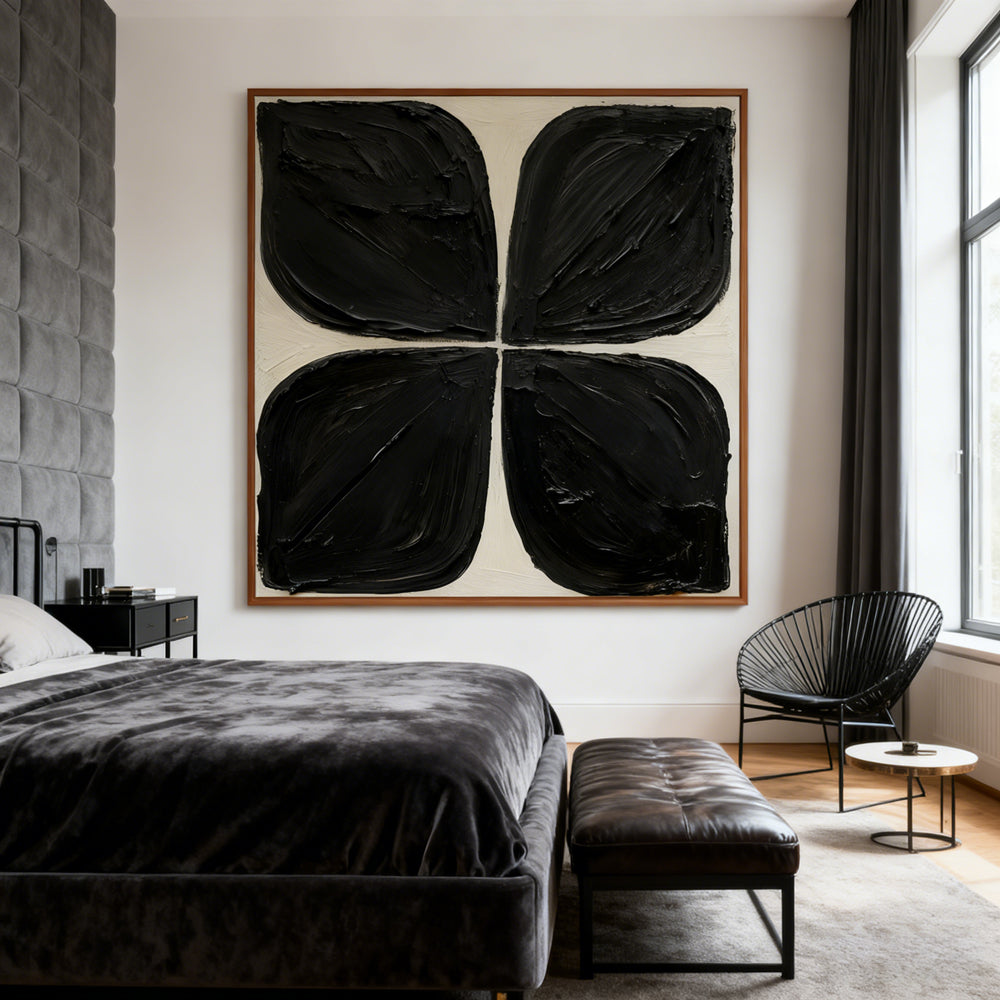 Black Quad Form Texture Art – Minimalist Abstract Style Handmade Oil Painting Wall Art