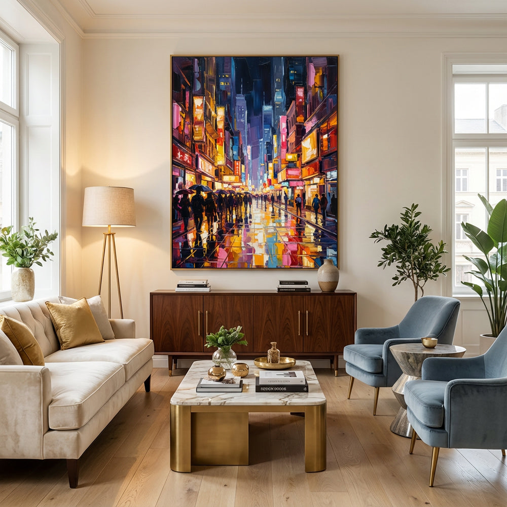 Neon Rain Street — Contemporary Expressionist Hand-Painted Oil Painting Wall Art