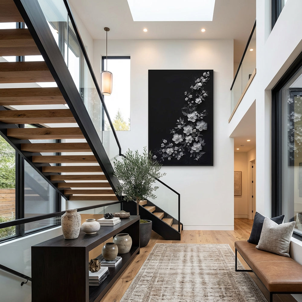 Silver Floral Cascade – Modern Minimal Relief Style Handmade Oil Painting Wall Art