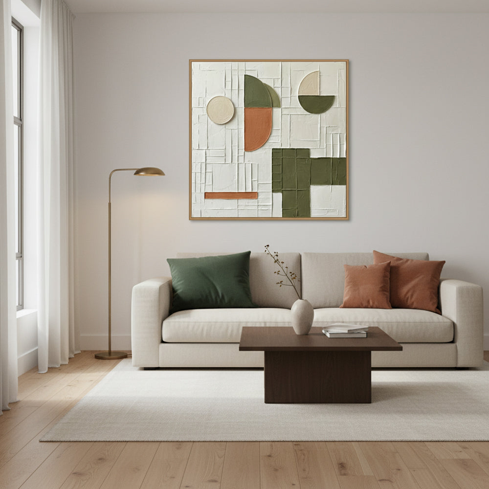 Geometric Abstract Wall Art – Minimalist Textured Design paintings – White, Olive & Terracotta Palette – Shapes & Grid Elements