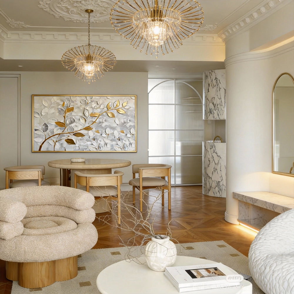 Still Veins– Hand-Painted Textured Floral Oil Painting Wall Art in White and Gold-Landscape Orientation