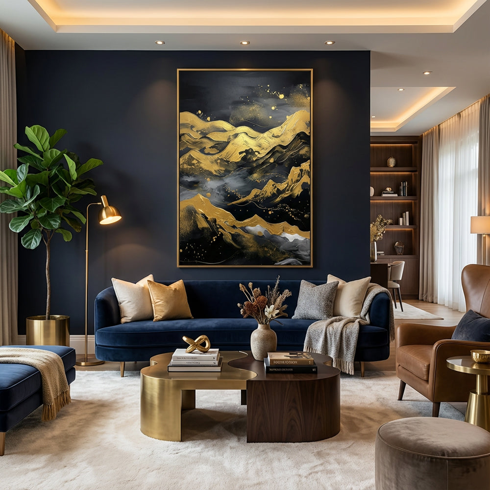 Golden Night Peaks – Abstract Metallic Landscape Oil-Style Artwork Handcrafted Painting