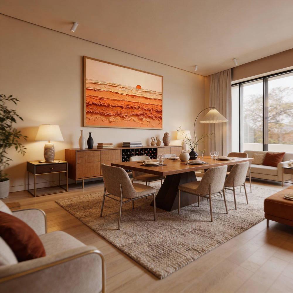 Sunrise Harmony – Abstract Texture Landscape in Warm Orange Tones, Sunset Over Waves Extra Large Handmade paintings