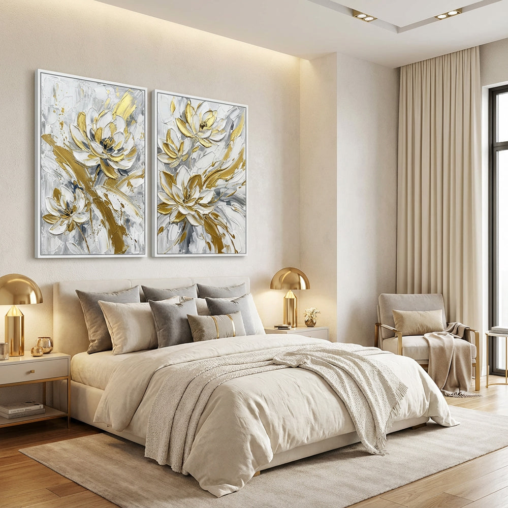 Golden Petals Symphony | Modern Abstract Floral Hand-Painted Oil Painting Wall Art (set of 2)