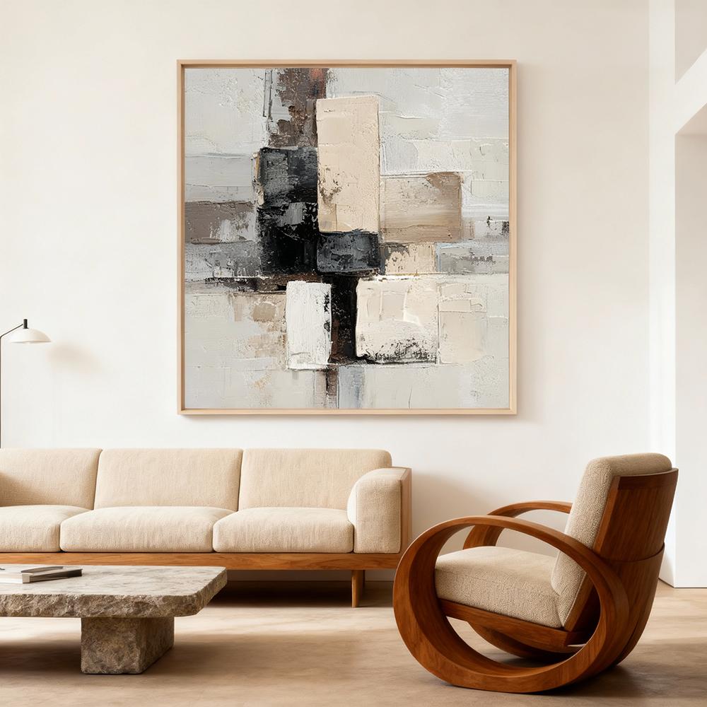 Silent Boundaries – Geometric Abstract Texture Painting, Handmade Oil Wall Art for Modern Minimalist Interiors