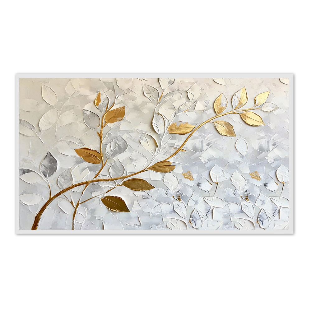 Still Veins– Hand-Painted Textured Floral Oil Painting Wall Art in White and Gold-Landscape Orientation