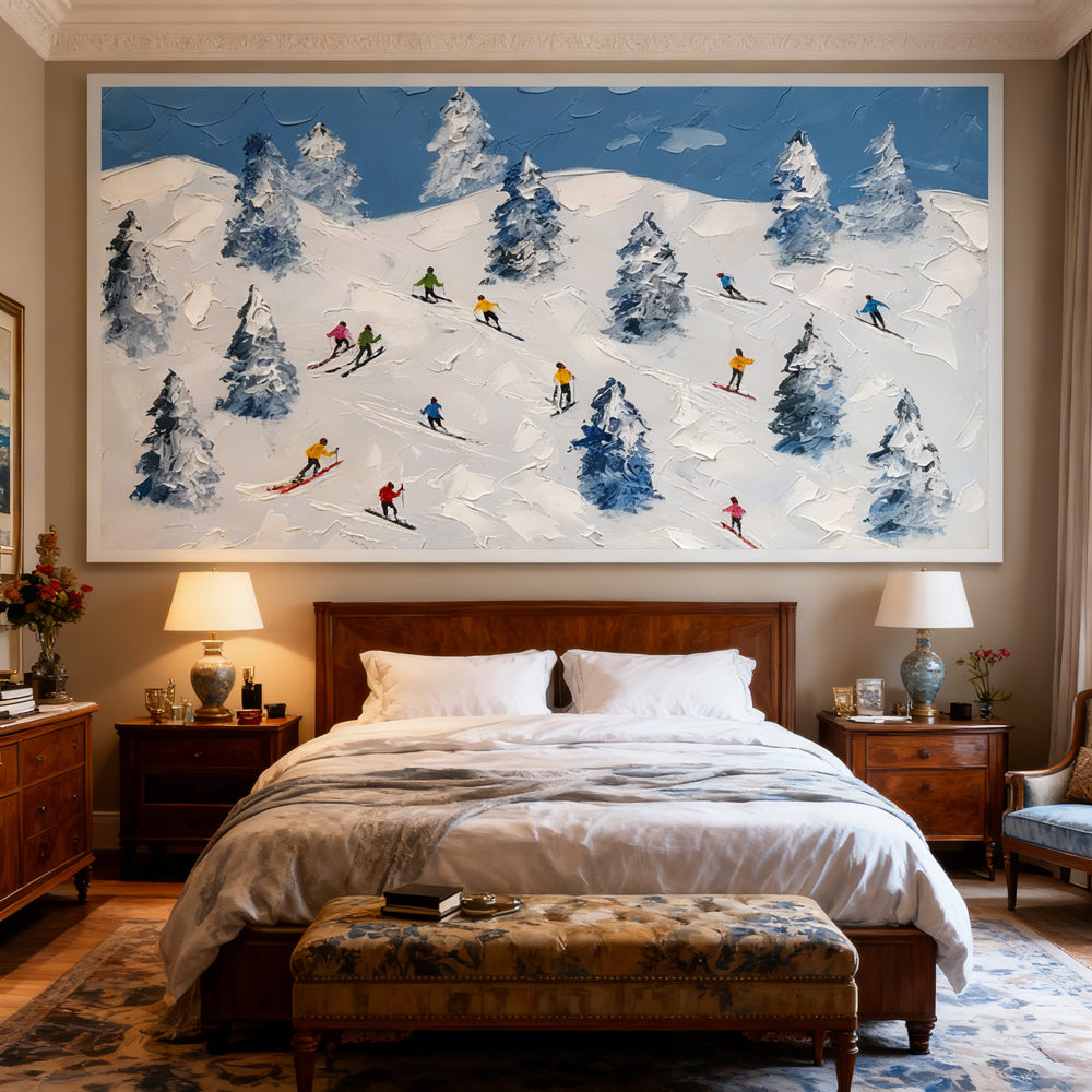 Winter Ski Adventure – Modern Impasto Style Handmade Oil Painting Wall Art