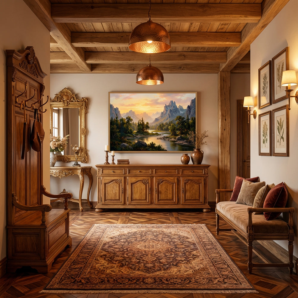 Sunlit Valley Serenity – Realist Mountain River Landscape Oil-Style Artwork Handcrafted Painting