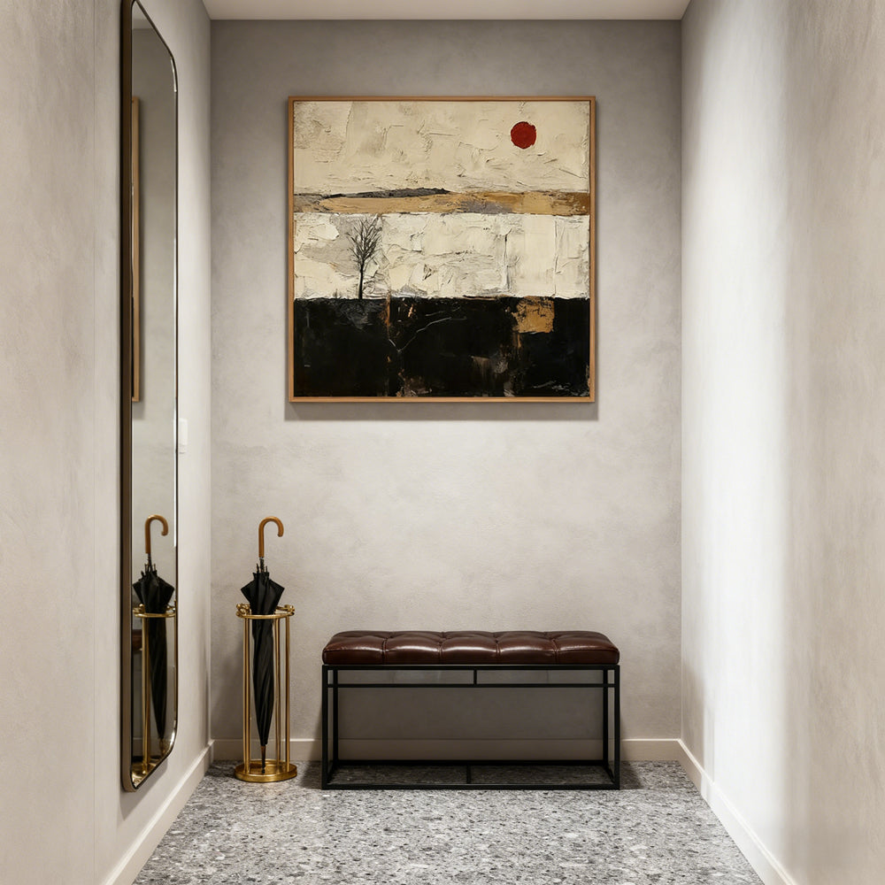 Lone Tree & Red Sun Landscape Theme Painting – Modern Abstract Style Handmade Oil Painting Wall Art