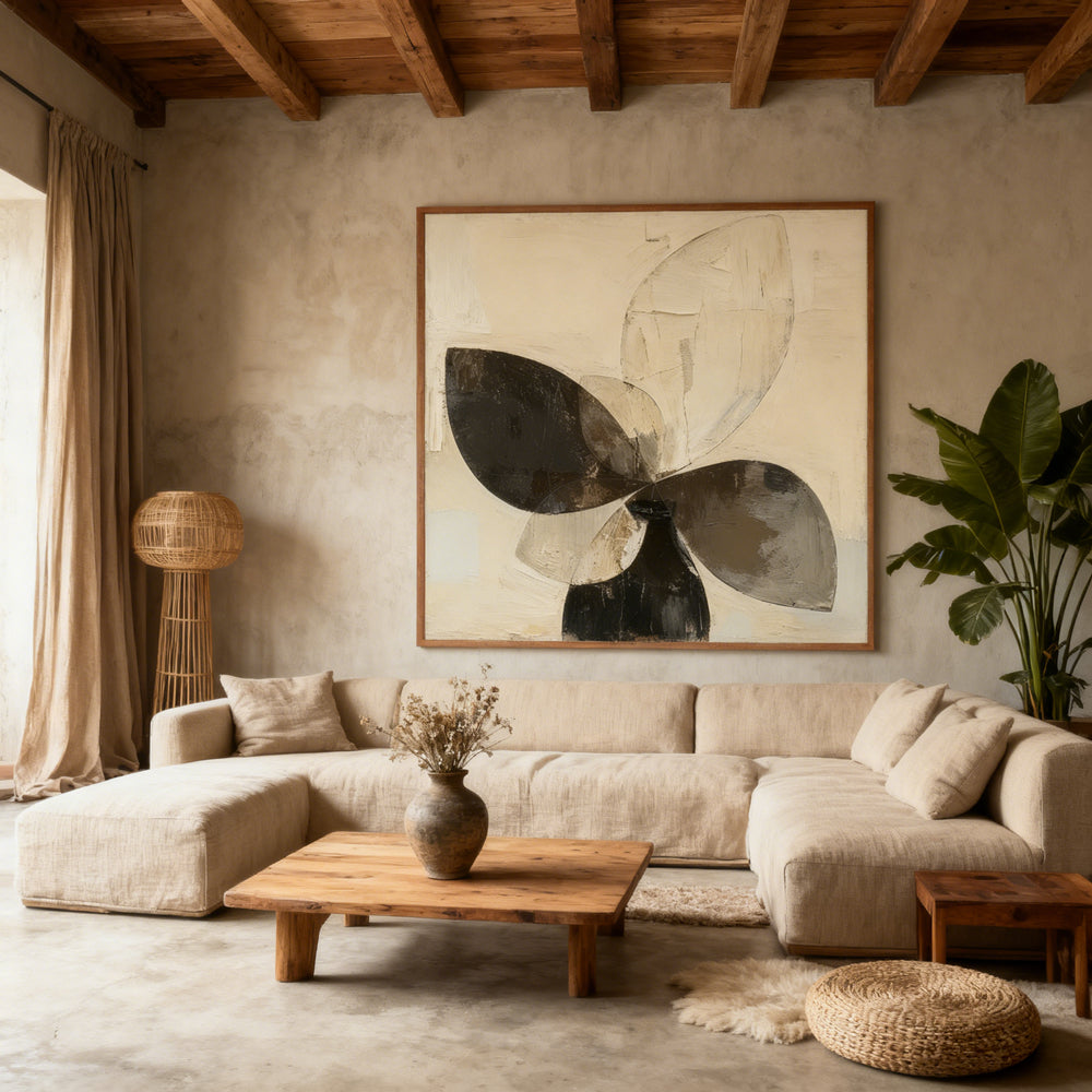 Abstract Petal Form in Vessel – Modern Minimalist Style Handmade Oil Painting Wall Art