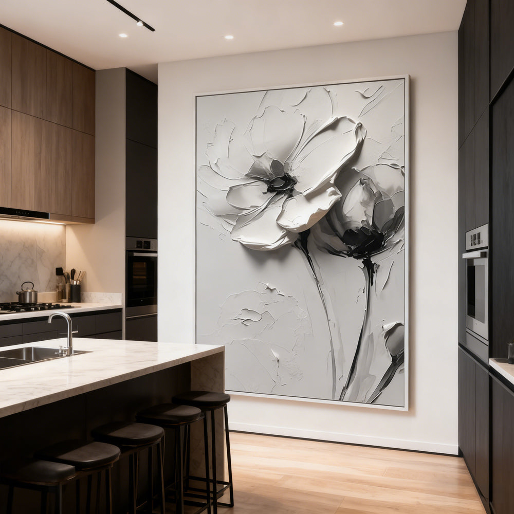 Monochrome Petal Duo Texture Art – Minimalist Impressionistic Floral Style Handmade Oil Painting Wall Art