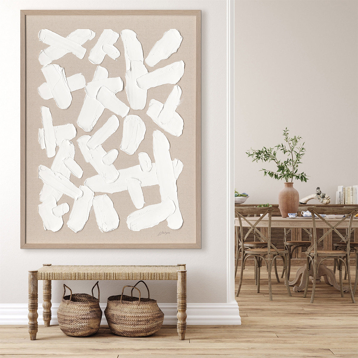 Bold white textures on natural canvas embody purity, simplicity, and modern abstract elegance