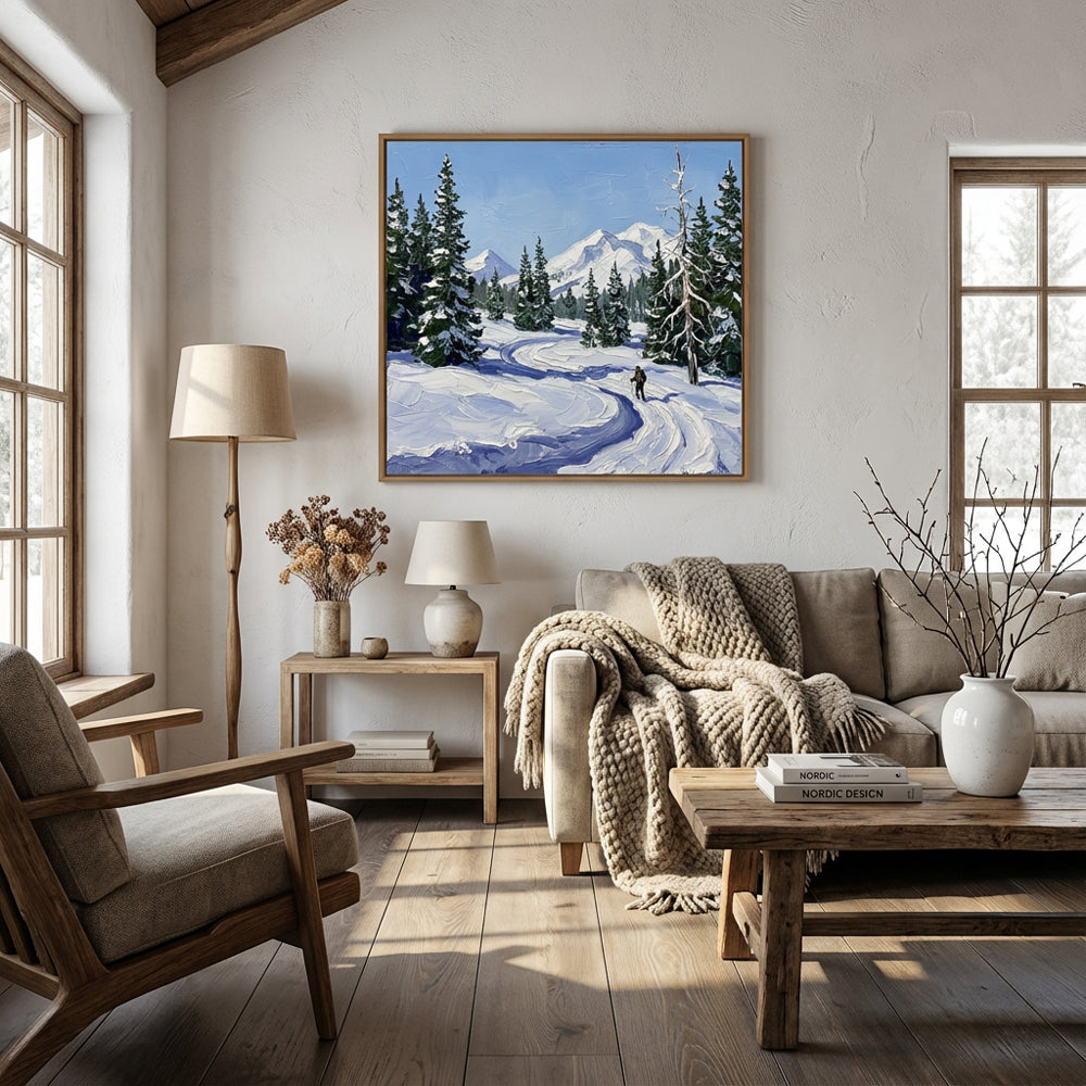 Tracks in the Winter Blue – Impressionist Snowfield Journey Oil-Style Artwork Handcrafted Painting